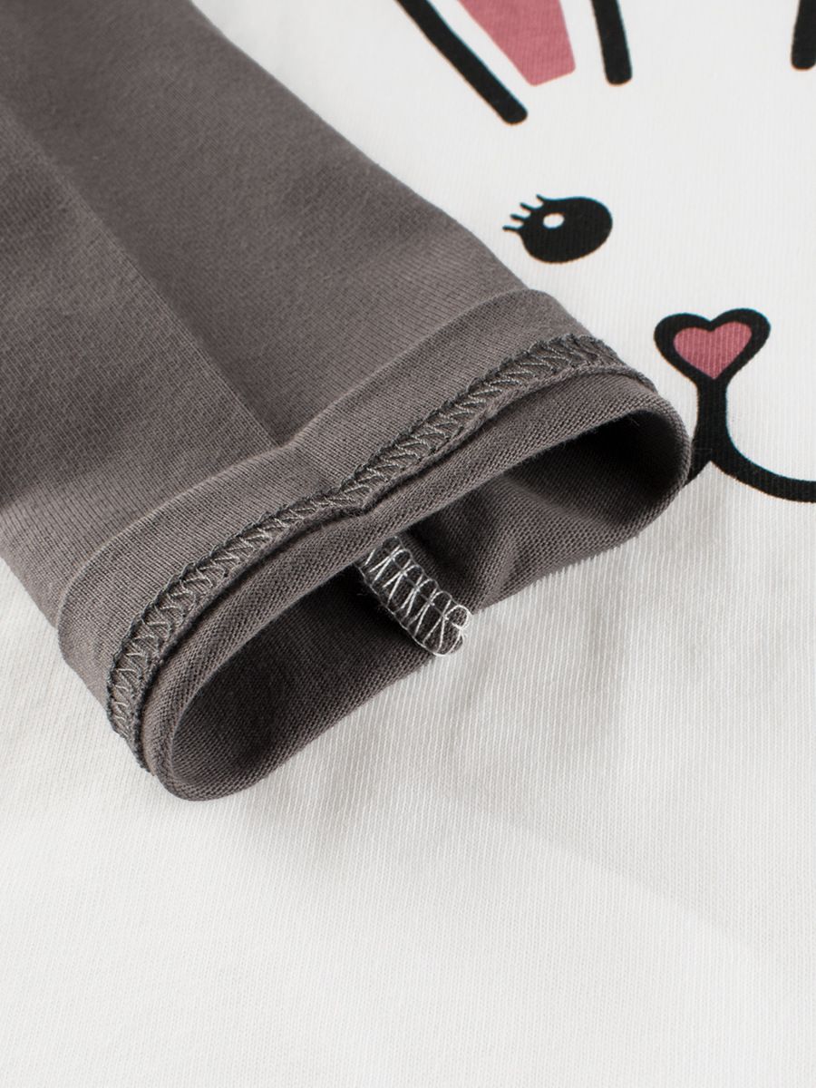 純棉圓領薄長袖上衣-兔兔臉-米白+深灰