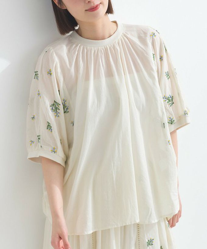 日本 Lupilien - 100%印度棉 優美植物刺繡大寬袖上衣-薄荷