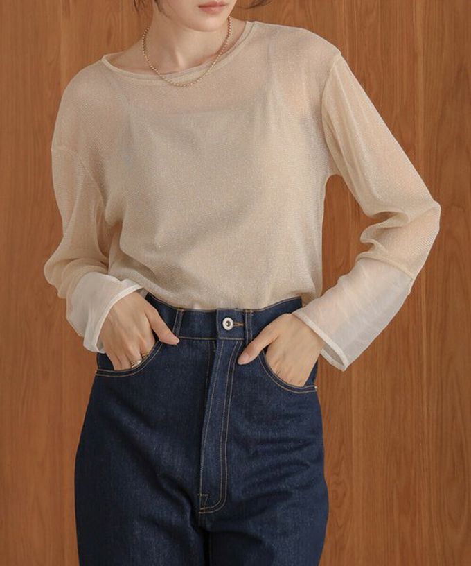 日本 Bab - 亮麗光澤歐根紗拼接透膚薄長袖上衣-黑