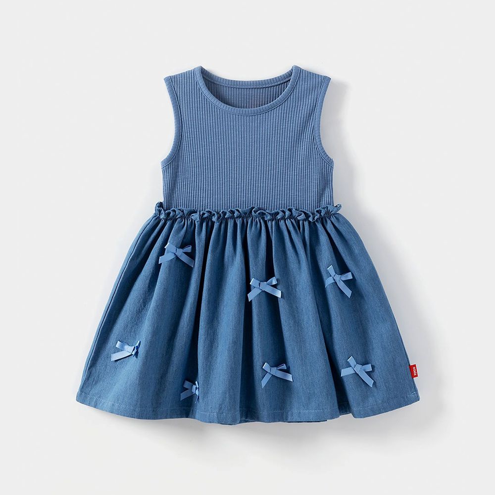 小蝴蝶結裝飾拼接感背心洋裝-藍