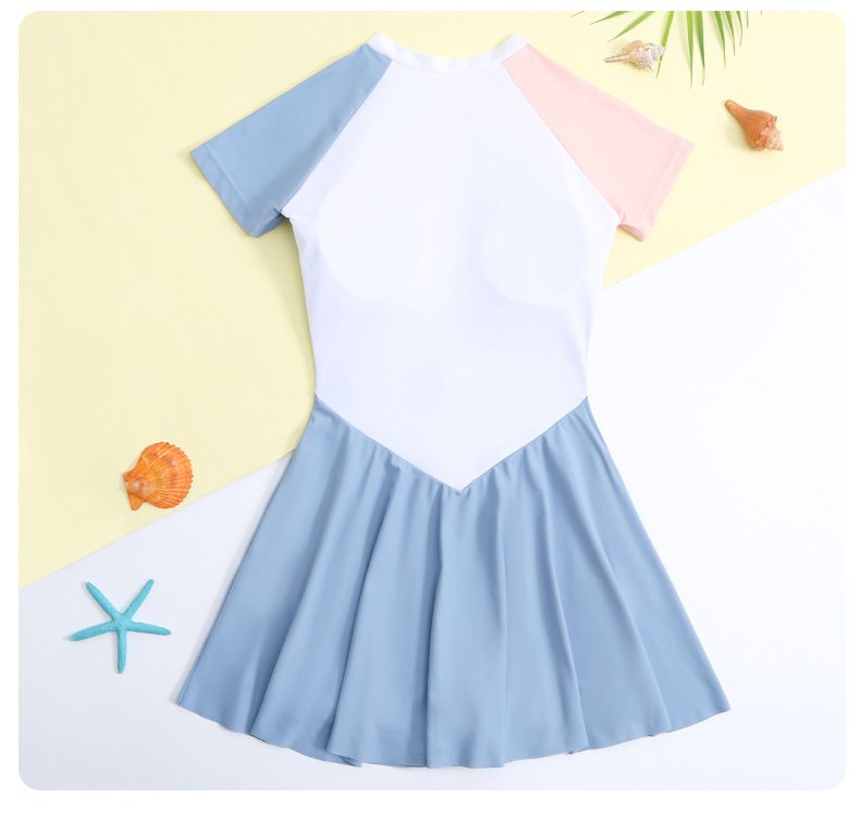 大童女孩運動風短袖連身裙泳衣-拼色款-粉+白+藍