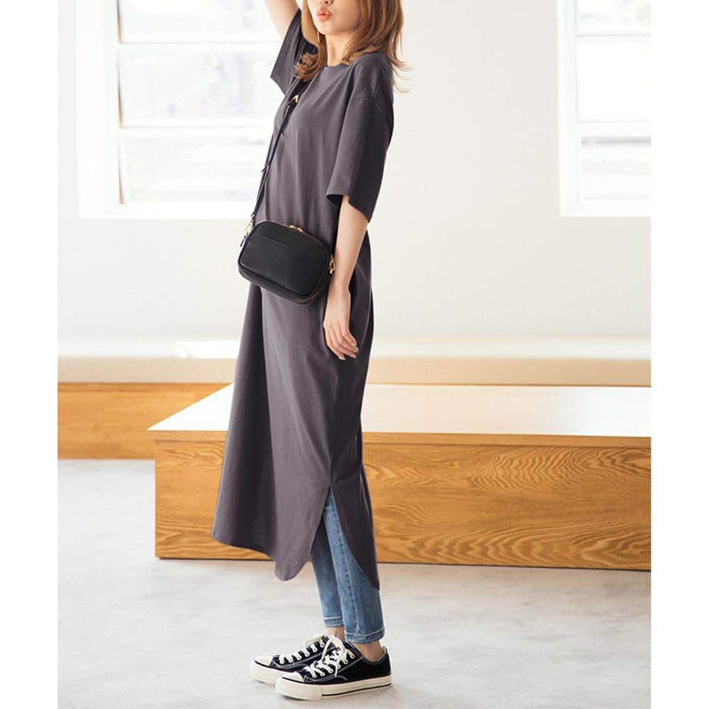 純棉透氣百搭圓弧開叉短袖洋裝-石墨灰 (F)