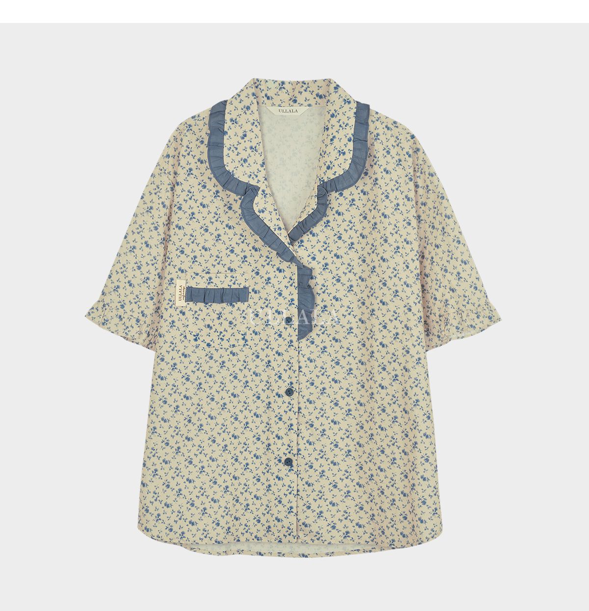 韓國 ULLALA - 玫瑰印花短袖睡衣(兩件式)-藍玫瑰 (FREE)