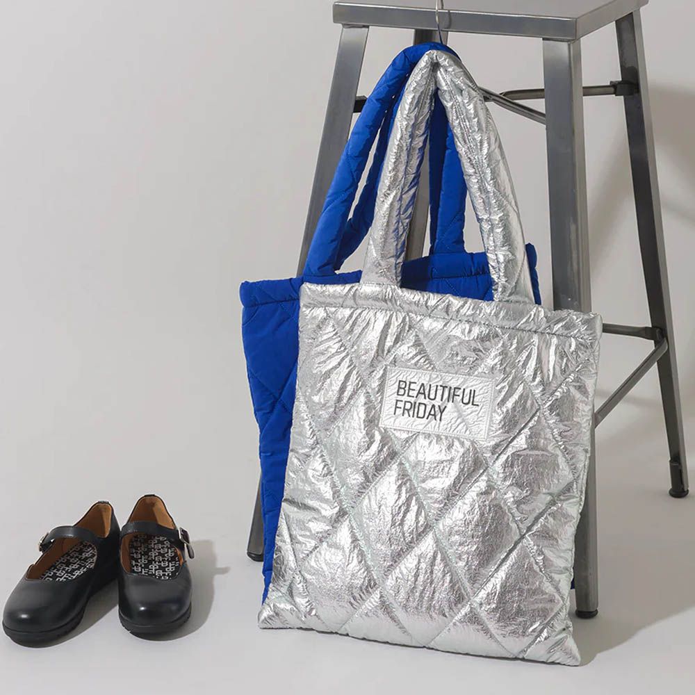 輕巧大容量尼龍絎縫托特包-銀 (42x39cm)