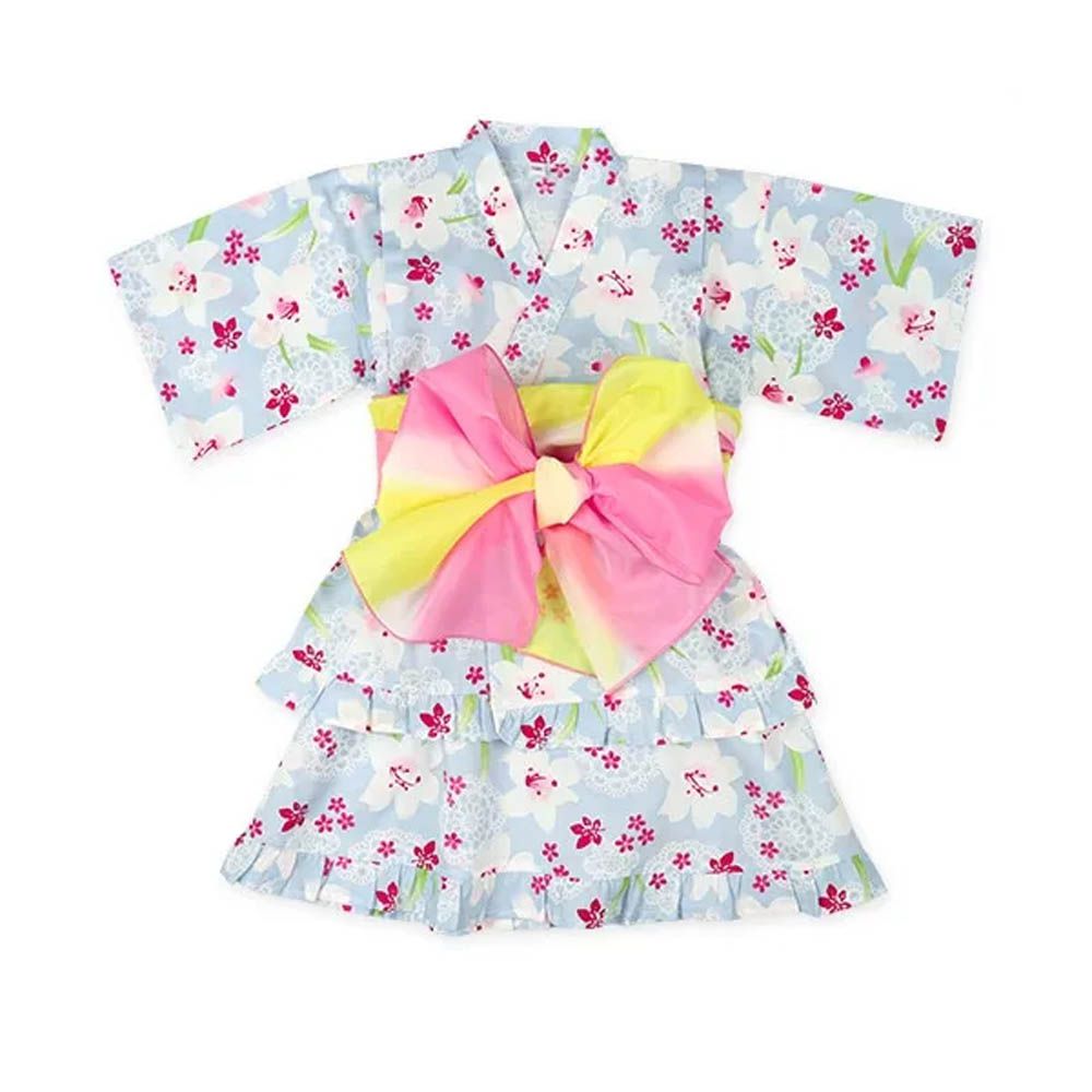 100%棉 夏季限定甚平短裙套裝（附腰帶）-百合花-淺藍