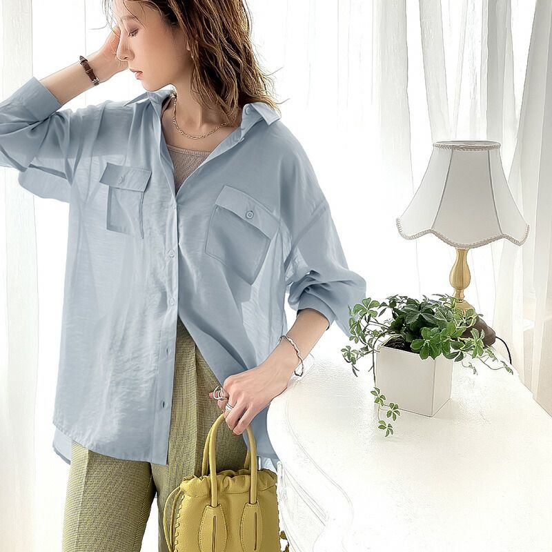 日本 Classical Elf - 空氣感透膚翻領薄襯衫-灰棕