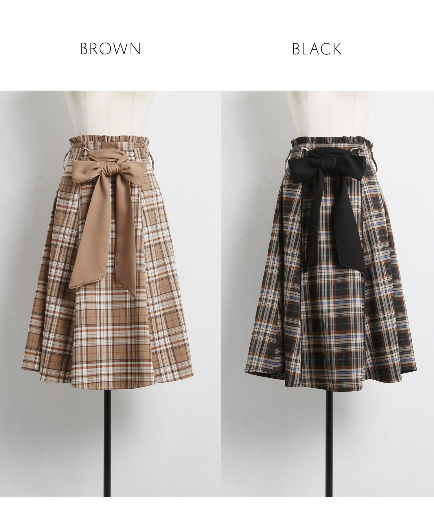 日本 tocco-closet - 蝴蝶紐結格紋修身長裙-簡約黑