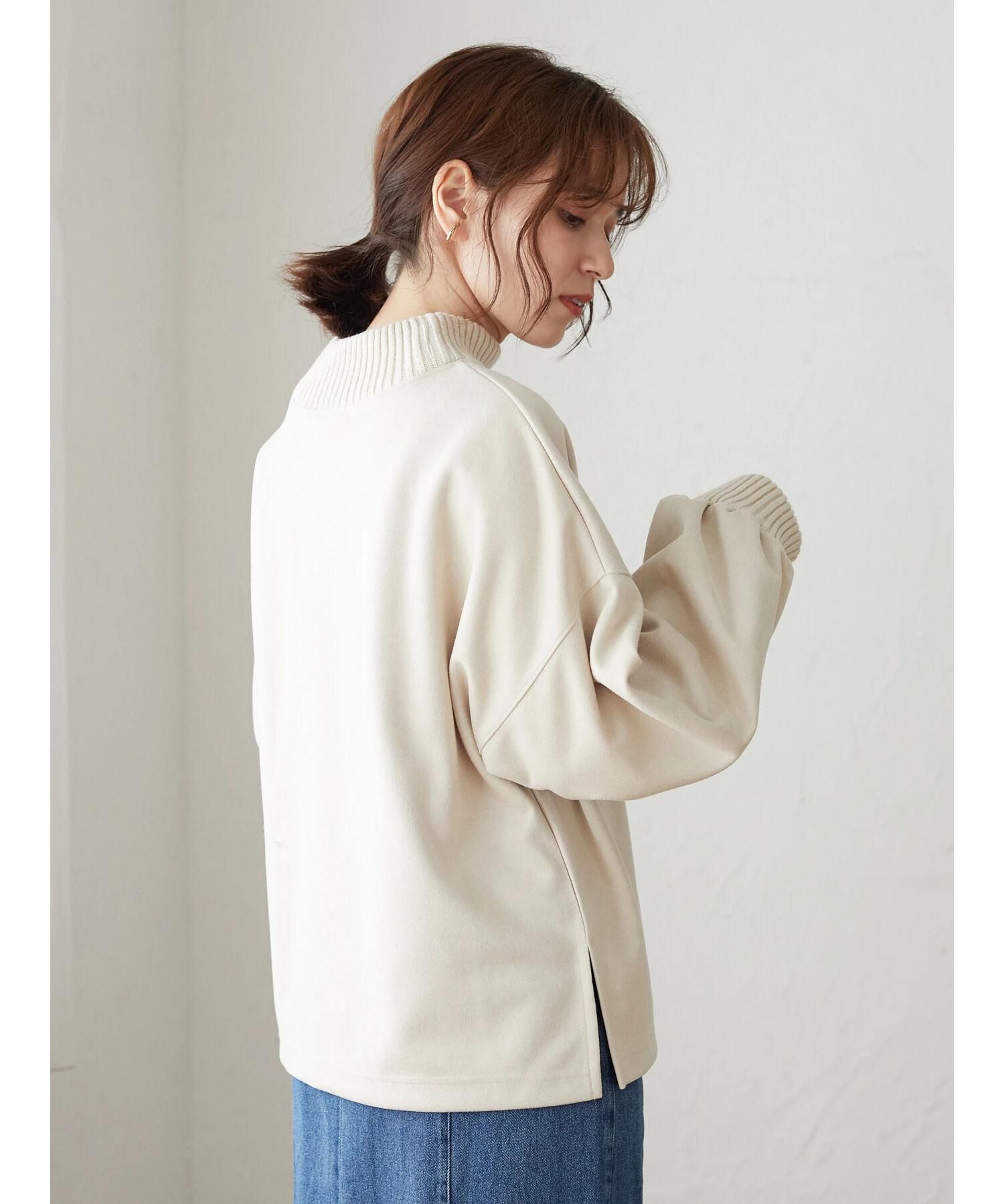 日本 ELENCARE DUE - 羅紋針織X麂皮拼接立領大學T-黑