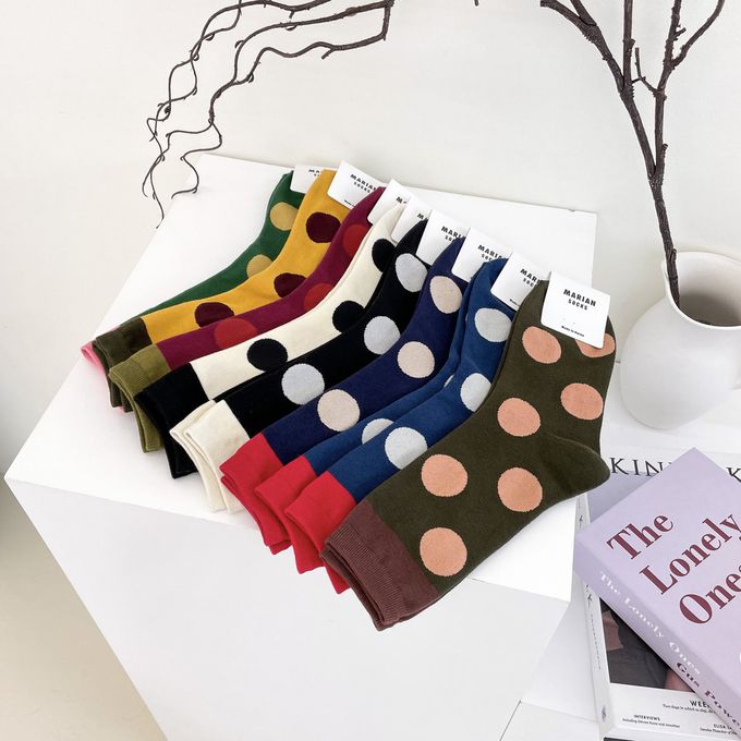 韓國Marian - 撞色大圓點中筒襪-白X黑 (Free)