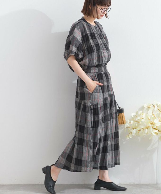 日本 Lupilien - 印度棉 皺皺文青格紋側抽繩長裙-米杏