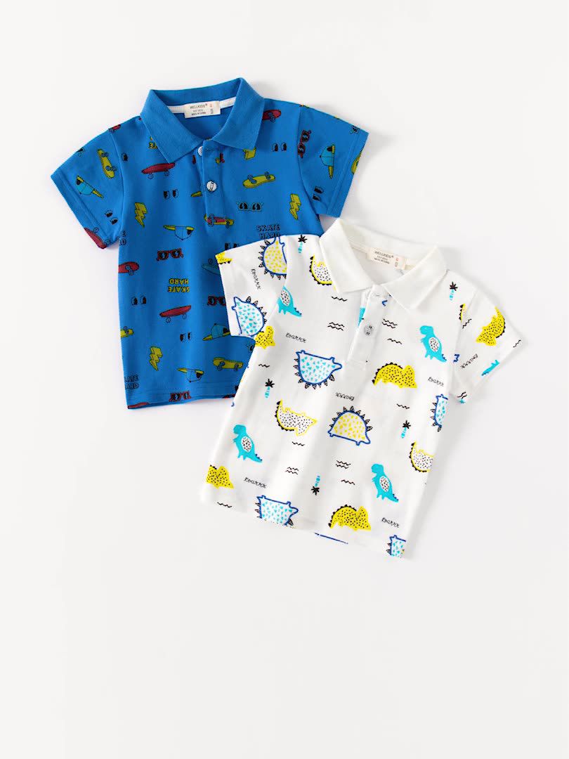 WELLKIDS - 純棉休閒翻領短袖襯衫-星星熊熊車車-灰色