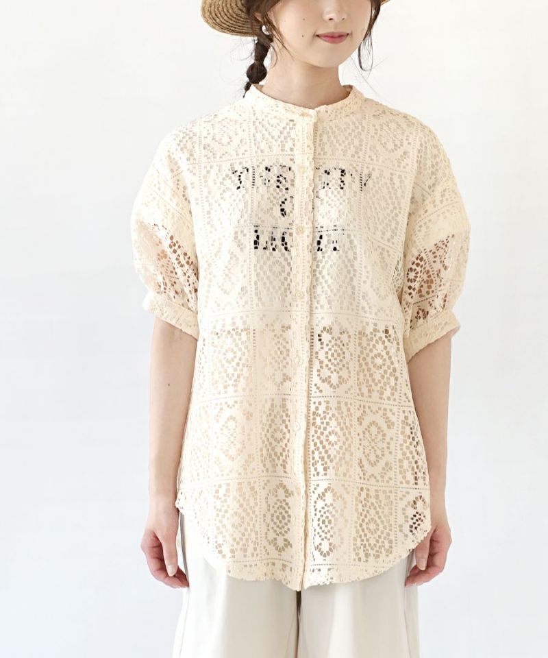 日本 zootie - 透明感雕花蕾絲泡泡袖襯衫-米杏