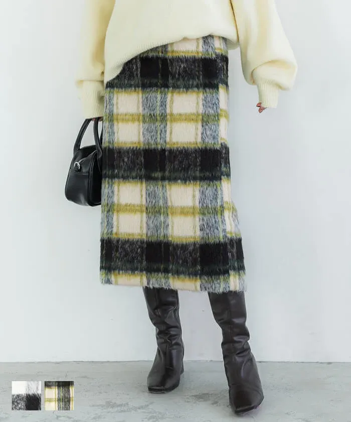 日本 COCA - 慵懶毛呢格紋鬆緊長裙-綠米