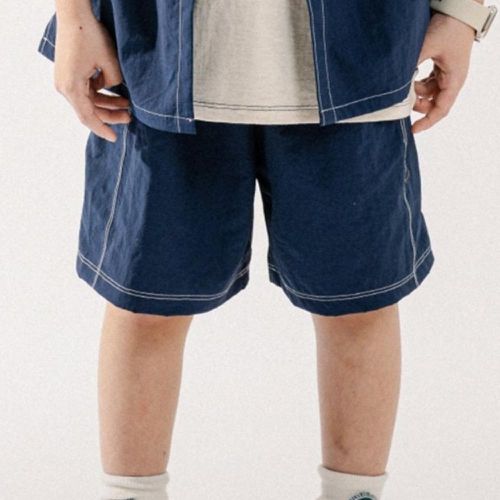 韓國 BUCKET LIST - 鬆緊腰細線口袋短褲-海軍藍