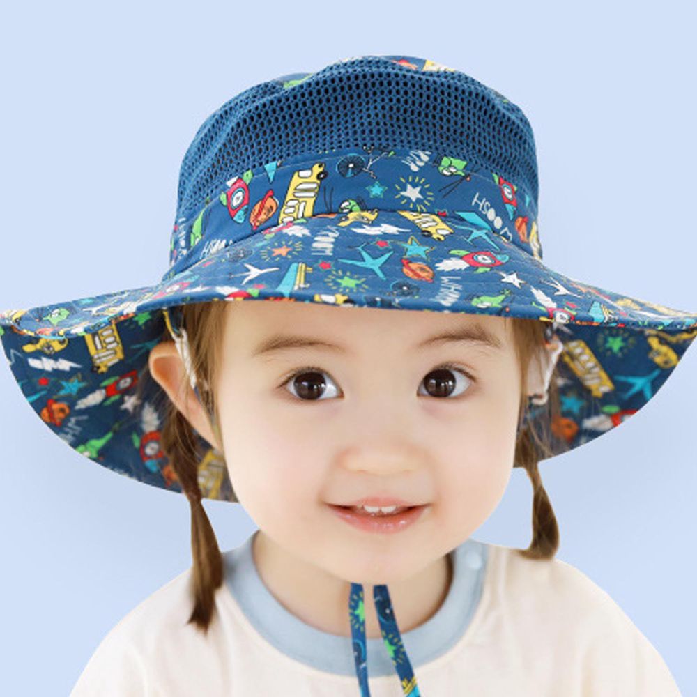 可調節兒童大帽簷防曬遮陽帽-飛機與巴士-深藍色