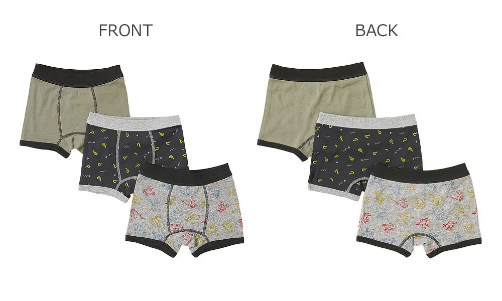 日本 devirock - 純棉吸水速乾平口內褲三件組(男孩)-香蕉恐龍-灰綠黑