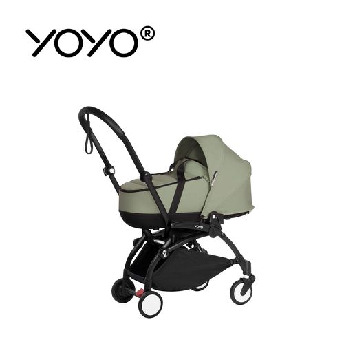 YOYO² 法國 Bassinet 0+新生兒睡籃推車(含車架)-黑色車架+橄欖綠睡籃