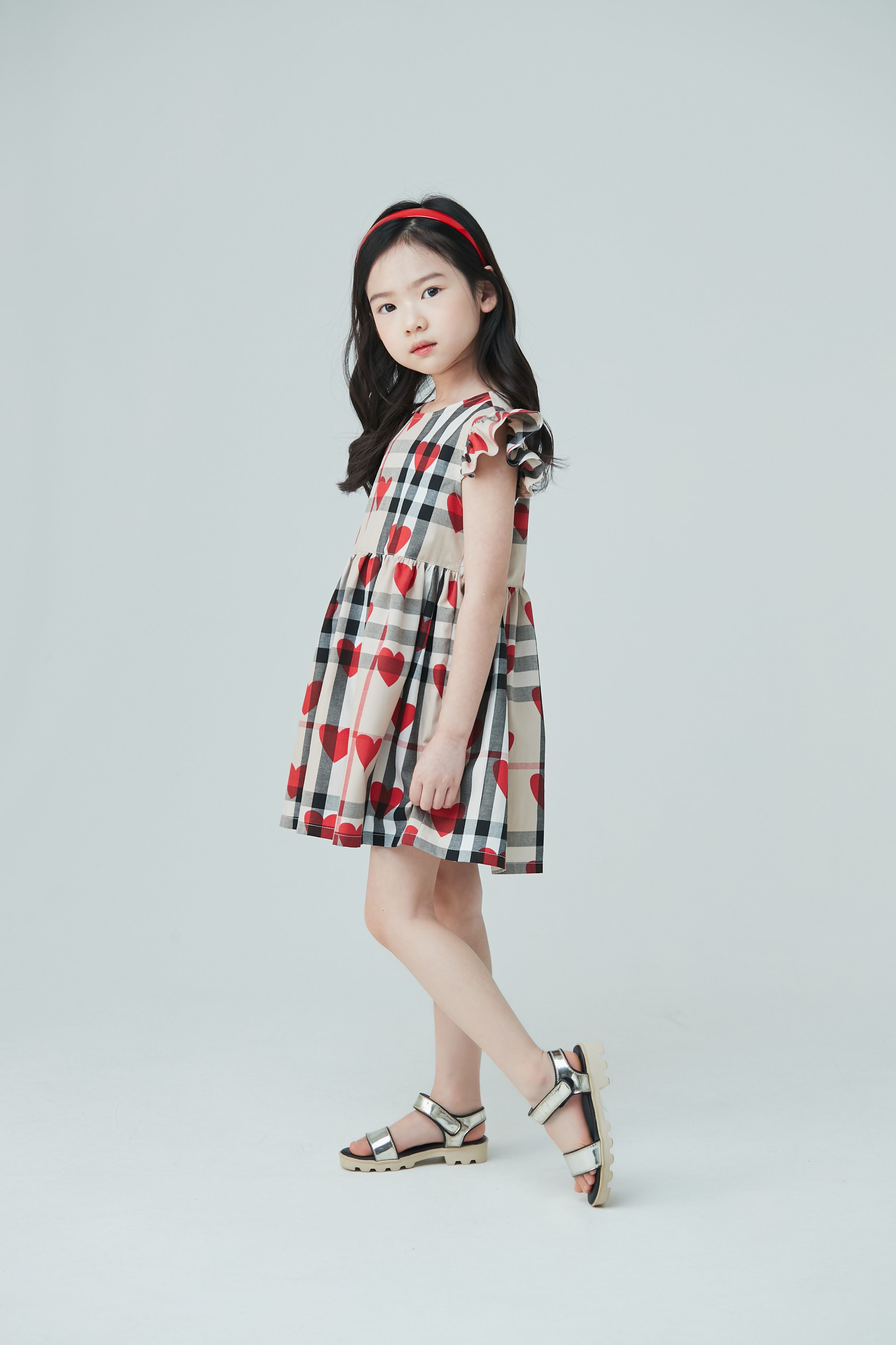 韓國 Coco Bang - 立體袖愛心英倫格紋洋裝