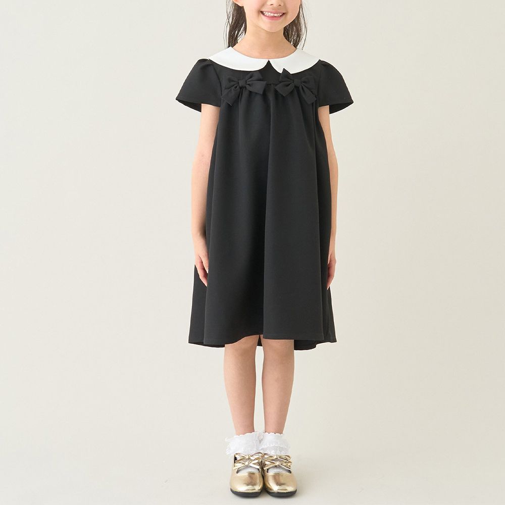 優雅正式感圓領胸前緞帶短袖洋裝-黑