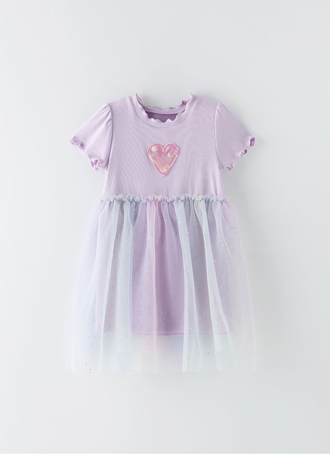 韓國 OZKIZ - 心型亮片夢幻網紗拼接洋裝-薰衣草紫