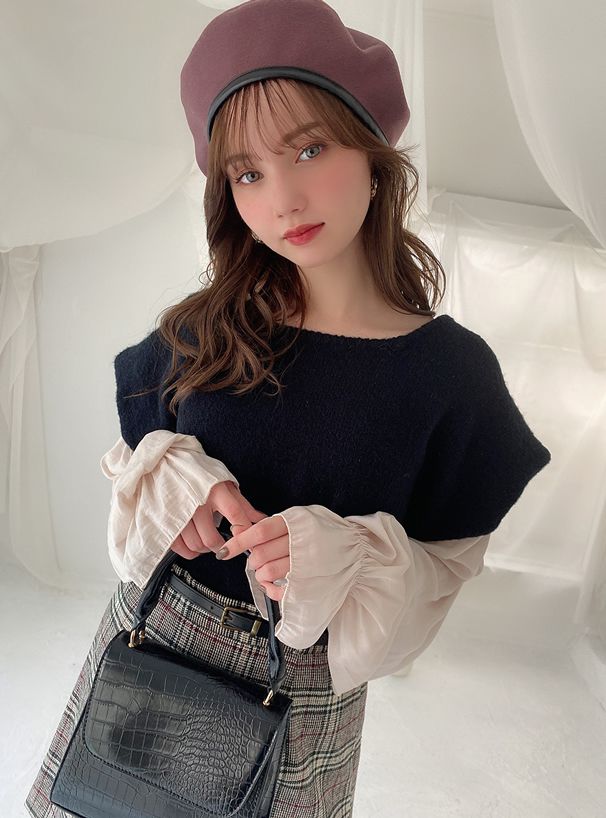 日本 GRL - 假兩件顯瘦背心拼接長袖上衣-黑