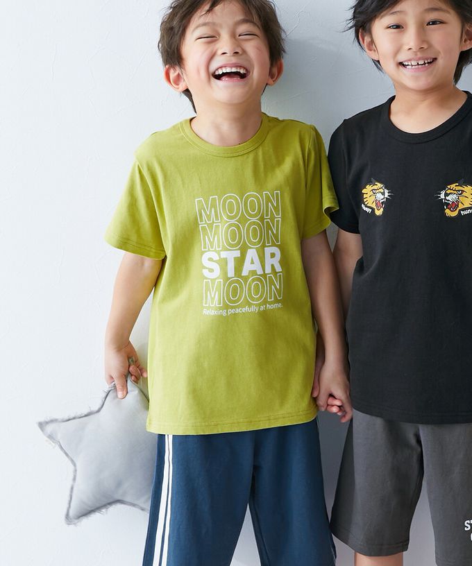 日本 devirock - 100%棉 短袖家居服/睡衣套裝-花朵標語-綠橘系