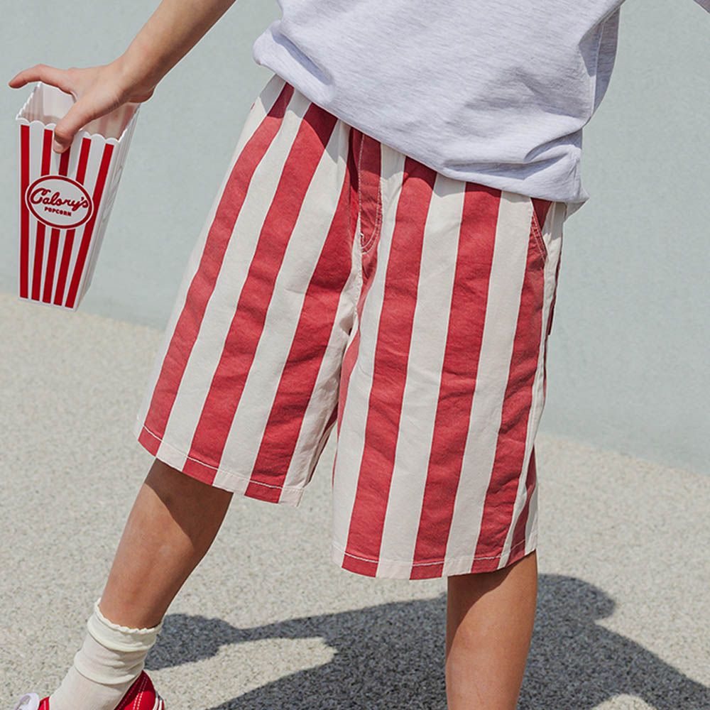 鬆緊腰大口袋寬直紋過膝褲-紅