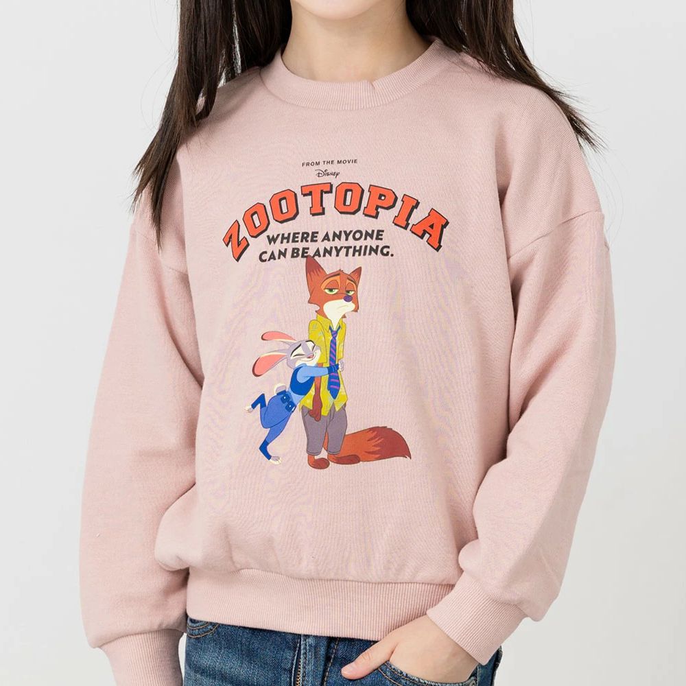 限量聯名 裏毛印花大學長袖上衣-卡通人物動物方城市-煙燻粉