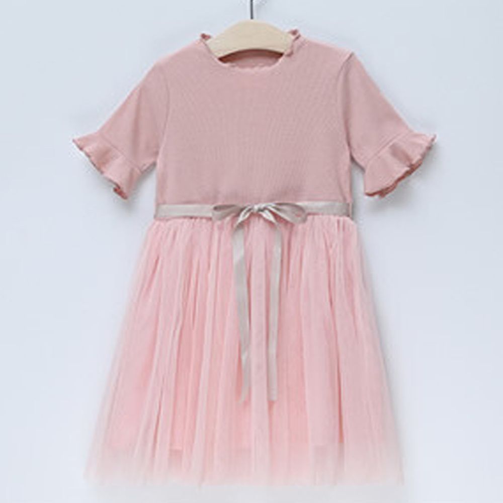 日本 Maison de Ravi - 滾花邊領短袖紗裙洋裝-星塵粉