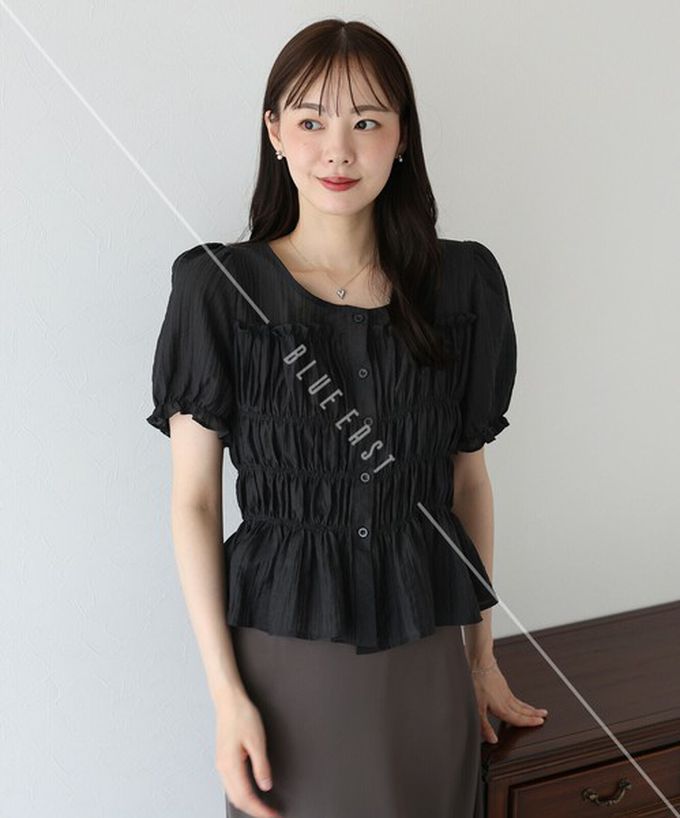 日本 BLUE EAST - 顯瘦皺摺荷葉泡泡短袖上衣-白
