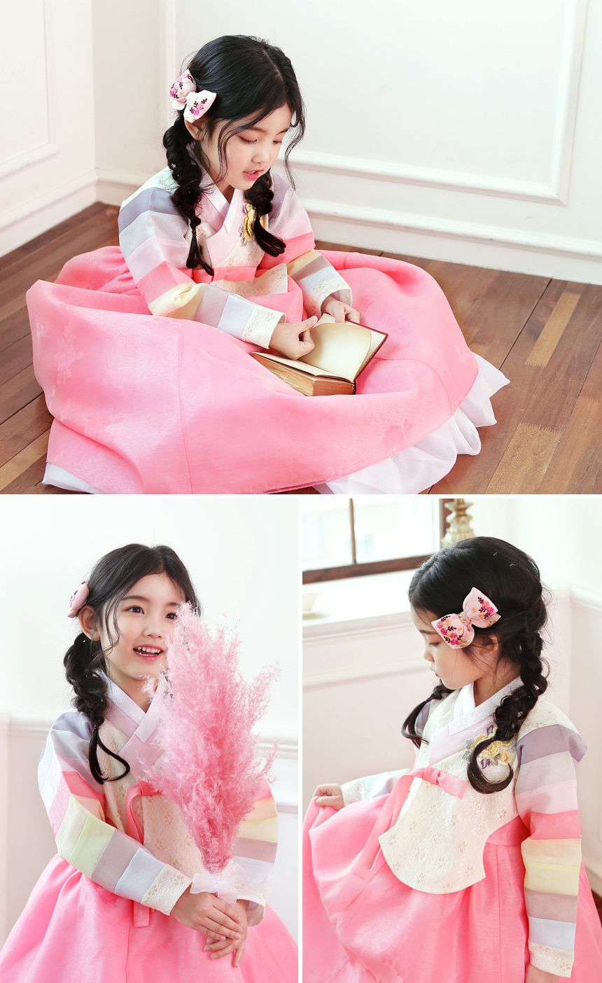 韓國 yedam - 韓服髮飾-刺繡蝴蝶結髮夾-粉紅