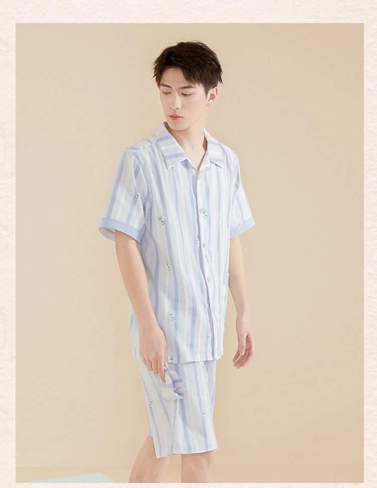雙層棉紗布短袖家居睡衣套裝(不含眼罩)-男款-藍色直紋
