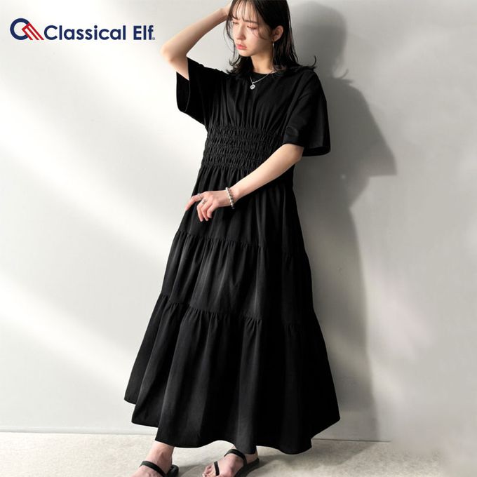 日本 Classical Elf - 100%棉 圓領美型縮腰分層短袖洋裝-黑
