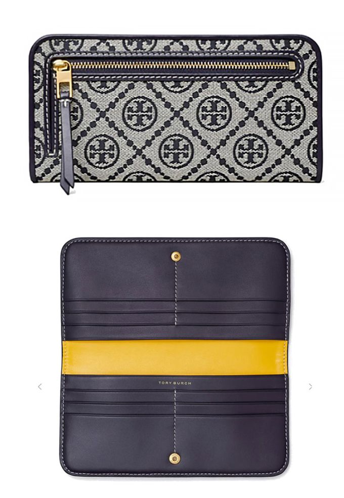 TORY BURCH - 雙T-LOGO提花拼接皮革拉鍊長夾 (深藍)