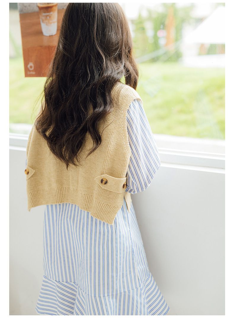 不對稱拼接直紋襯衫洋裝-藍直紋