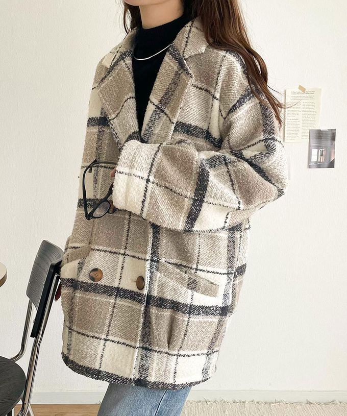 日本 Classical Elf - 亮麗格紋翻領廓形中長版大衣-焦糖棕