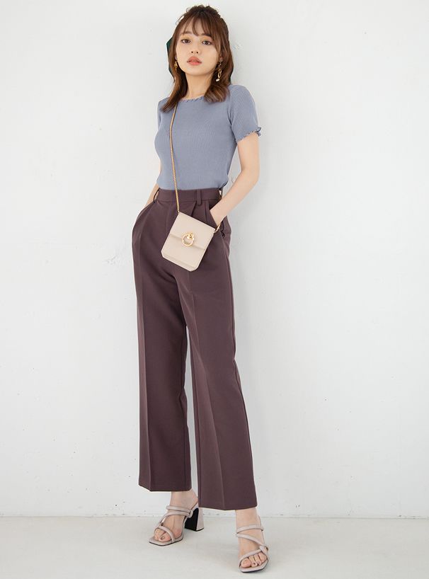 日本 GRL - 圓領木耳捲邊合身短袖上衣-煙燻粉