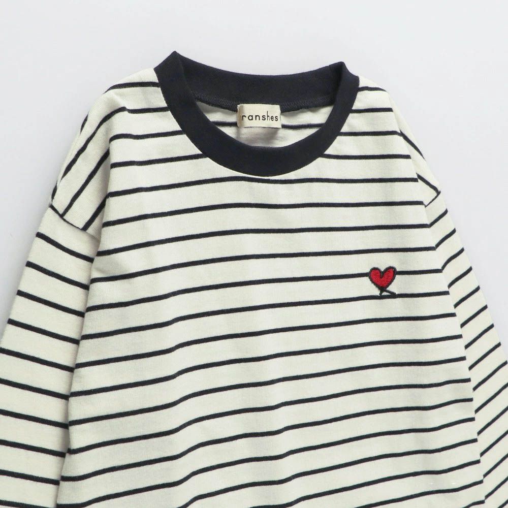 100%棉 可愛女孩印花長袖上衣-愛心條紋-黑X白