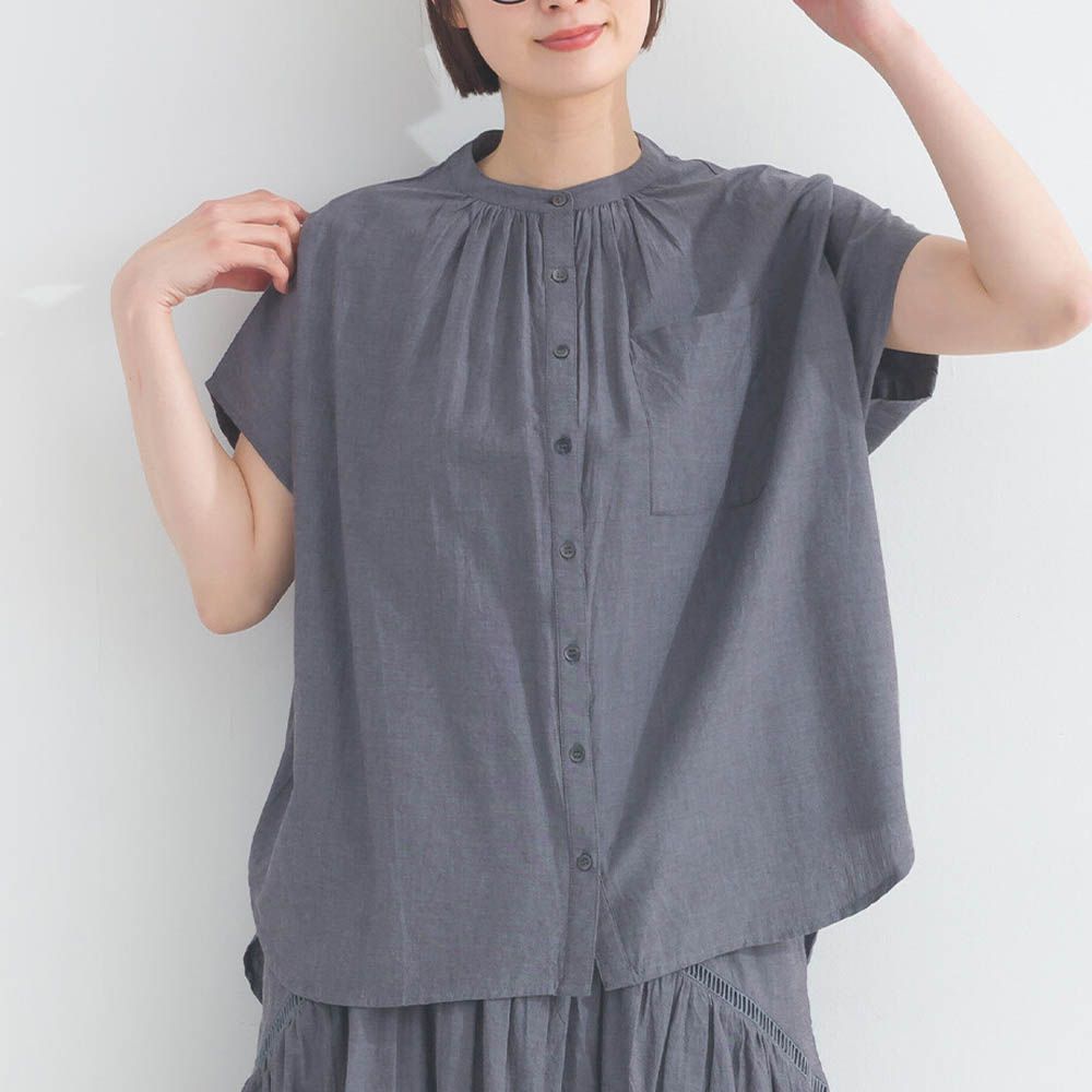 純棉素色襯衫式寬版上衣-炭灰