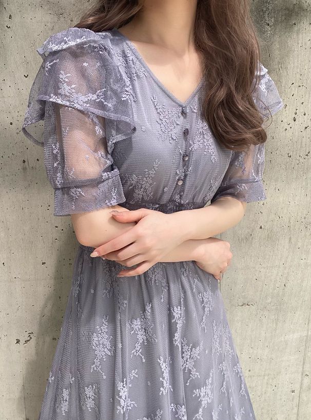 日本 GRL - 浪漫花刺繡薄紗短袖洋裝-星塵藍