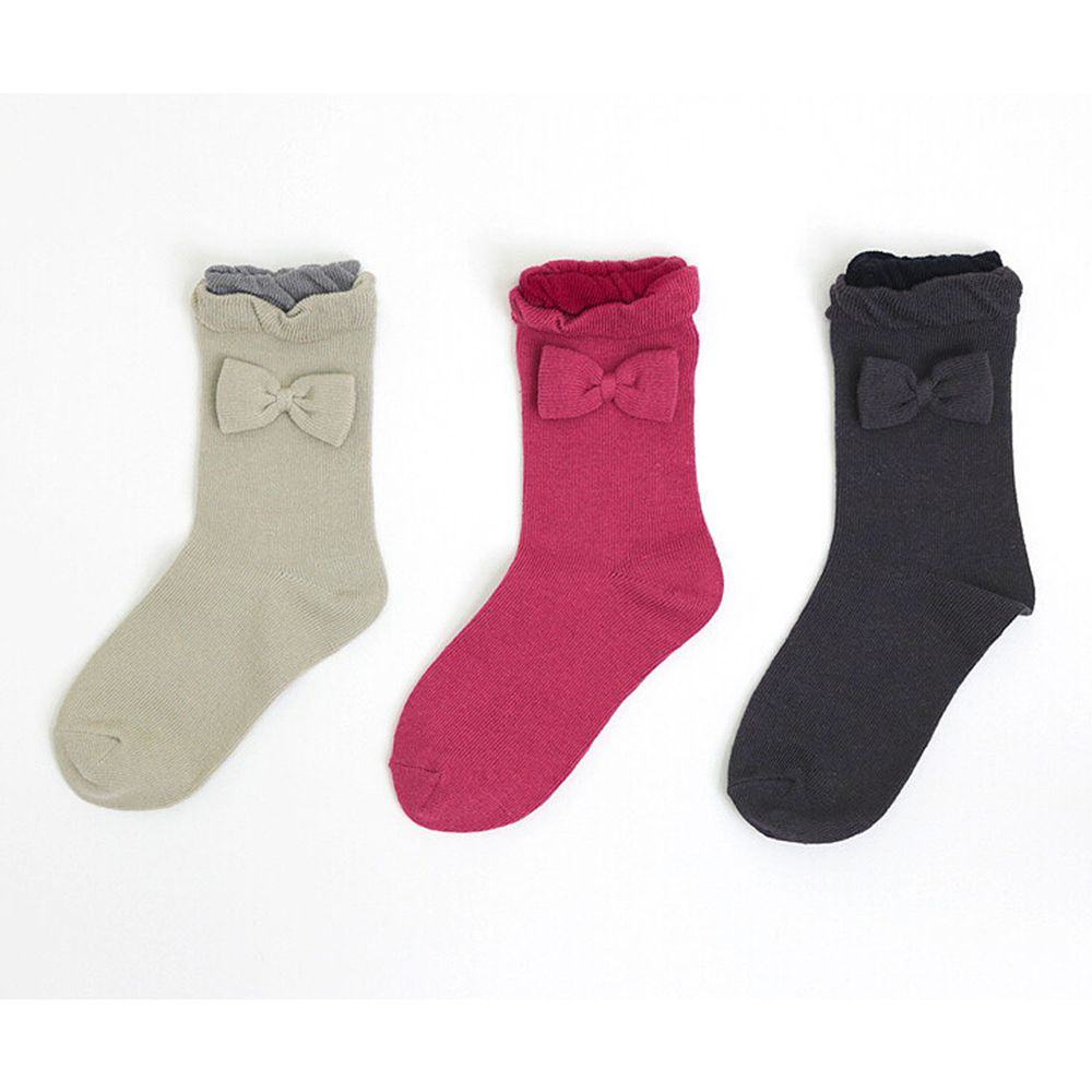 日本 stample - (兒童)中筒襪-超值三雙組-泡泡蝴蝶結-灰x桃x黑