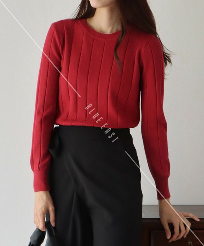 日本 BLUE EAST - 圓領粗坑條長袖針織上衣-淺灰杏