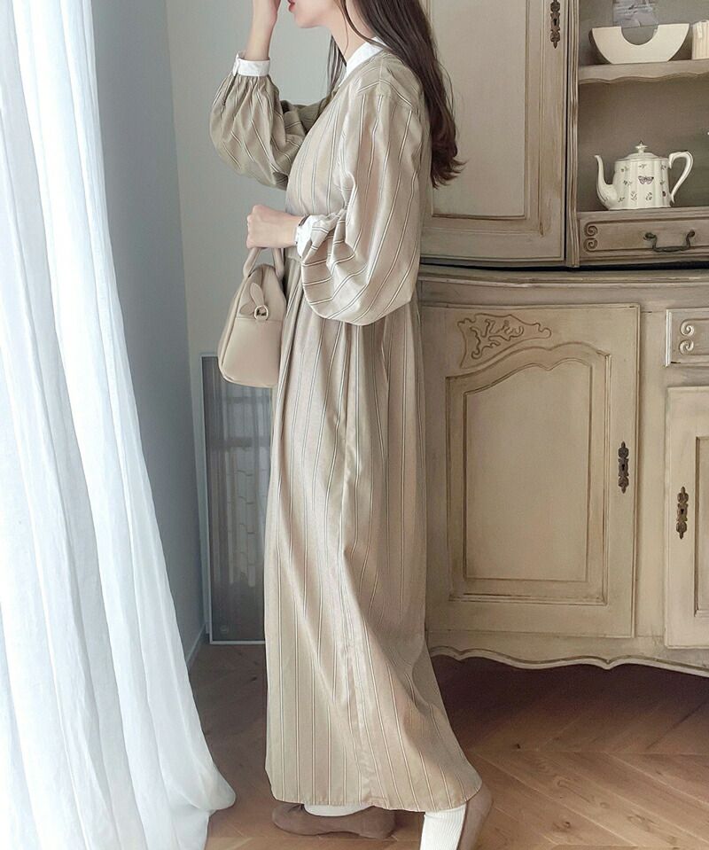 日本 Classical Elf - 修身立領泡泡袖襯衫洋裝-直條紋-海軍藍