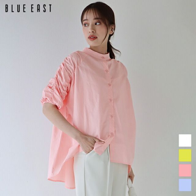 日本 BLUE EAST - 優雅小立領抓皺五分袖襯衫-水藍