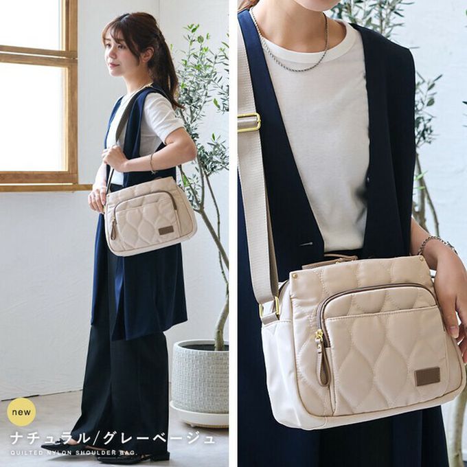 日本 LIZDAYS - 10口袋輕量尼龍絎縫側背包-黑色