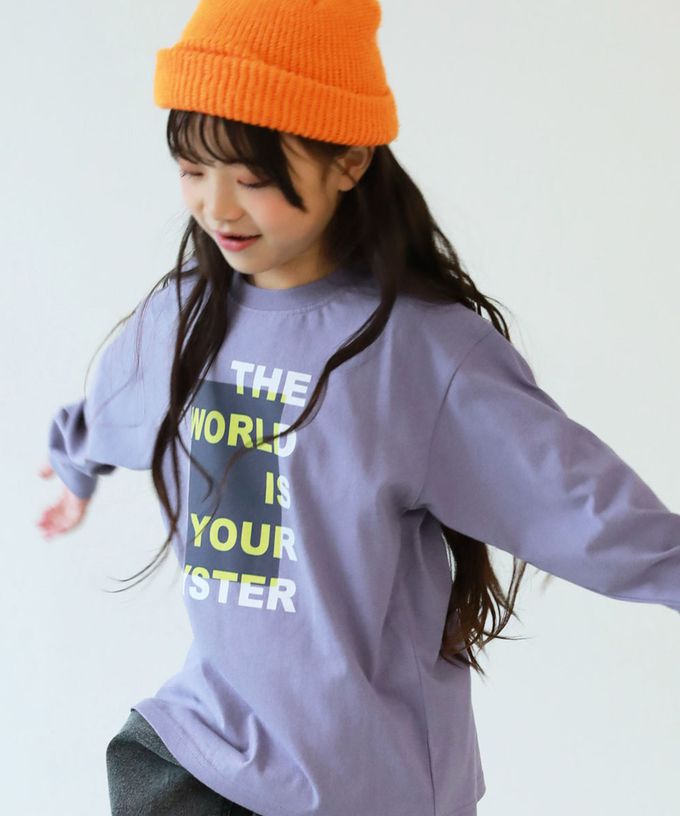 日本 devirock - 100%棉 印花寬鬆長袖T恤-方形英文標語-紫