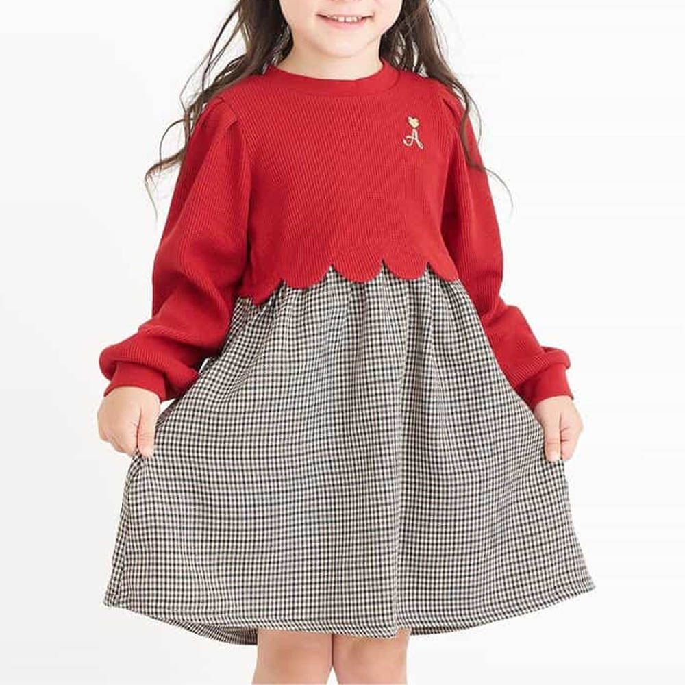 花瓣層次拼接長袖洋裝-格紋-紅