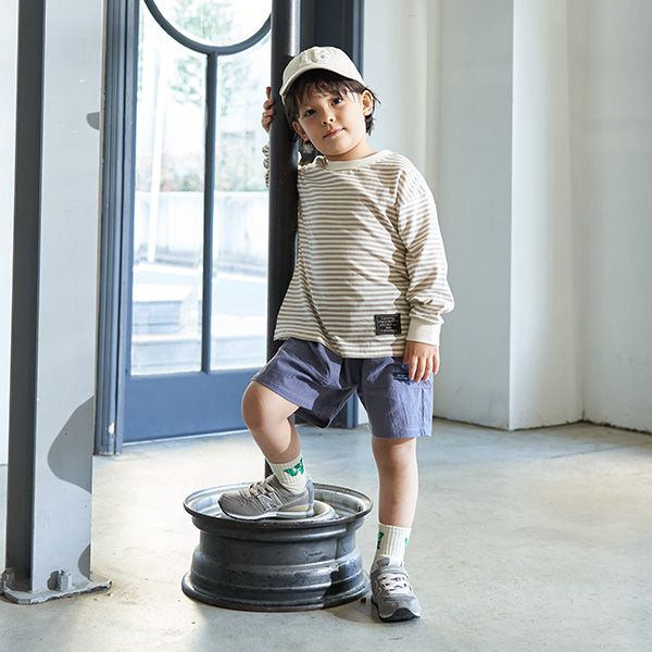 日本 b-ROOM - 100%棉 下擺品牌標籤條紋長袖上衣-黑