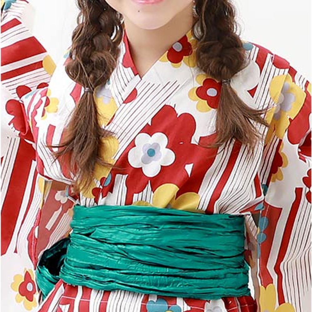 日本 devirock - 純棉夏日祭典花朵浴衣兵兒帶2件組-繁盛花朵B-紅x綠