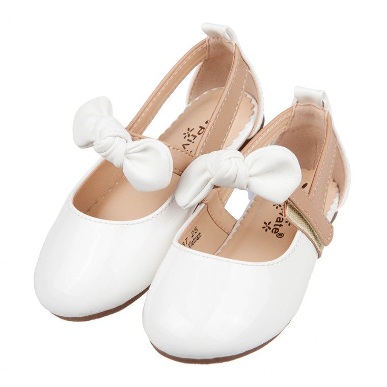 甜美風格蝴蝶結白色亮皮兒童娃娃鞋公主鞋